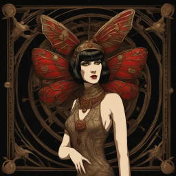 Full Body, Art Nouveau Woman With A Bob With A Fringe Hairstyle, Cleopatra Clothing, Steampunk Metal moth with red wings, Black Background