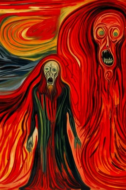 An apple red colored fiery demonic realm painted by Edvard Munch