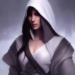 a _ fantasy _ style _ portrait _ painting _ of beautiful white female black silky hair short head smirk round face hood robe rpg dnd oil _ painting _ unreal _ 5 _ daz. _ rpg _ portrait _ extremely _ detailed _ artgerm _ greg _ rutkowski _ greg