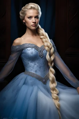 dark brown wood panel background with an overhead spotlight effect, 18-year-old Princess, Elsa Jones, Blue eyes, bleach blonde hair, braided, imbued with Freeze powers, head and shoulders portrait, wearing a blue, lacy Prom dress with a tiara, full color -- Absolute Reality v6, Absolute reality, Realism Engine XL - v1