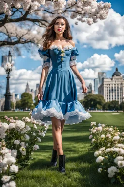 fullbody girl makeup wearing a victorian short dress walking in moder city of 2040 park ,flowers ,pretty clouds in blue sky,city escape.