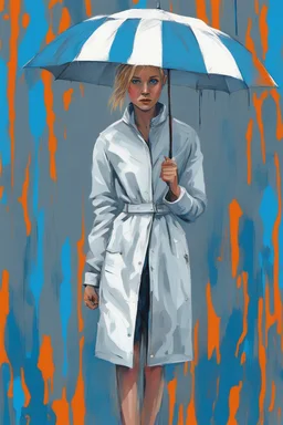 Standing in the grey-north sea with white clothes. Girl with a bun. Rains heavily. You see her face, blues eyes and blond hair. She holds and umberella. Pop-art. Umberella is petrol blue. You see her whole body. The rain paints her jacket blue. The rain under the umbrella is actual blue paint. Paint stains on clothes. You see her whole body standing in the sea. paint paint paint