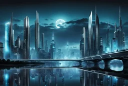 Dreamlike skyline of downtown weird futuristic hightech dark city in 4050 and a stunning futuristic unique glass-metallic shiny bridge during moonlight over the dark silver color river, cold colors, evil atmosphere, high detalied, dark sci-fi mood,distopia, landscape