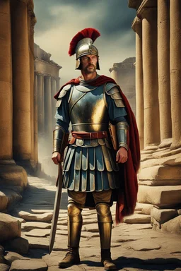 A movie poster of a Roman soldier low to up camera shots in the style of oil painting