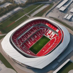 Imágen de arte lineal de un estadio de futboll, vista aérea, estlilo Zaha Hadid, calidad ultra, hiperdetallado, 8k, color rojo y blanco