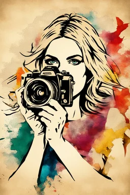 portrait of a blonde woman with a camera, background old torn paper, bright colors, ART drawing