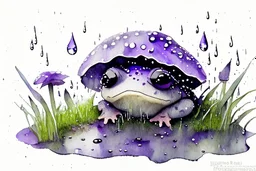 3D close-up of a very cute fluffy plushy chibi plush frog hiding from the rain under a spotted mushroom, puddles in front, grass and violets next to him, 3d effect melting watercolour on wet inked paper, black ink outline in sunshine, ethereal, cinematic postprocessing