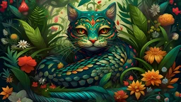 a vibrant and fantastical illustration of a majestic (half cat half snake), nestled among lush foliage and flowers, mythical creature, digital art, whimsical, colorful, front view, close up, magical realism, intricate details, trending on artstation, high resolution