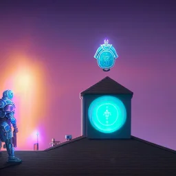 Rooftop medium view of a Giant Paladin projecting a hologram of a shield covering a Home, 8k resolution, high-quality, fine-detail, iridescent, intricate, detailed matte, volumetric lighting, illustration, greg rutowski, simon stalenhag