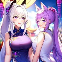 Clear focus, 8k, high quality, detailed, beautiful lighting, fox girl, vibrant colors, white long hair, vibrant purple eyes, chinese clothes, ponytail, laughing