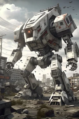 Giant Gundamn robot in the wreckage of a city, photorealistic