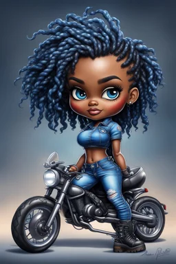 create an airbrush illustration of a chibi cartoon voluptuous black female wearing a blue jean outfit with biker boots. Prominent make up with hazel eyes. Extremely highly detail of a short and shiny twisted dreadlocks. Background of a bike show.