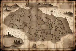 an ancient printed road map of a fictional place that was black and white and uses a Cree syllabic font, but has since been stained and weathered