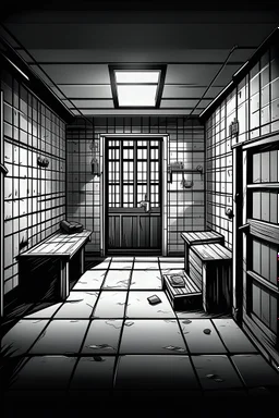 prison room- black & white illustration