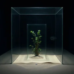 A photo of a dark, closed environment in a dark open space. At the center, a transparent structure made of plexiglass encloses a blurry element. There are plants. The surface below appears to be sandy, with small accumulations of sand. In the background, other forms are visible, some of which are dark and organic in appearance. The photo was taken with a Hasselblad H6D 400c camera.