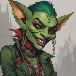 The image shows a female goblin with a mischievous grin, her sharp teeth peeking out as she takes a drag from a joint. Her emerald green skin is adorned with intricate tattoos and piercings, adding to her rebellious and edgy appearance. She wears a mix of tattered and modern clothing, combining elements of fantasy and urban street style. The goblin's gaze is intense and alluring, hinting at a complex personality that defies traditional expectations. In the background, a faint haze of smoke envel