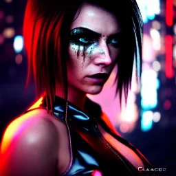 portrait, beautiful punk busty female Cyborg, intense stare, sad eyes, post-apocalyptic in a cyberpunk city,minimal skintight latex dress, bladerunner, realistic, intriacte detail, sci-fi fantasy style, volumetric lighting, particles, highly detailed ,cinamatic , deep colours,8k, in the style of Kaare Andrews