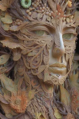 Janus-faced statue made out of quilling such as wood, foliage, feathers, beads, and flowers with a single eye at Burning Man: insanely detailed; quilling; elegant, fantasy, rose tones, beautiful, rapturous