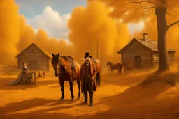 Fascinating, ultra-realistic nature in the photo. Golden autumn. A 32-year-old man in 19th-century Russian clothes stands with his head raised to the sky, a smile on his face. In the background, a 19th-century estate and three horses stand at the outhouse.