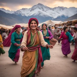 Pakistani Pukhtoon Women smiling & dancing at cloudy-sky-sunset & snowy mountains with a typical crowded village market