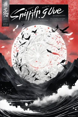 SNIFFIN’ GLUE magazine high res photo cover for special issue #666 (May 2035) on traditional calligraphy brush, expressive line, ink washed. a ray of light in a world plagued by chaos due to geopolitical tensions and global warming., [a lot of writing and table of content issues like indie magazines]