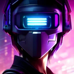 Naile Lopez as a cyberpunk hacker, purple mask, black hair, purple eyes, purple eyeshadow, black eyeliner, intense, post-apocalyptic background, head and shoulders portrait, 8k resolution concept art portrait by Greg Rutkowski, Artgerm, WLOP, Alphonse Mucha dynamic lighting, hyperdetailed, intricately detailed, Splash art trending on Artstation