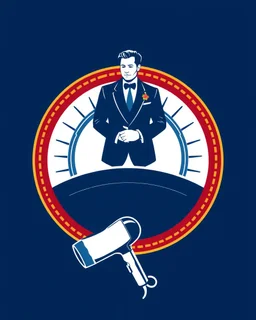 A circular logo with a groom vector in a suit at the top of the logo and a hair dryer vector logo at the bottom in a blue, red, white, and gold color theme.