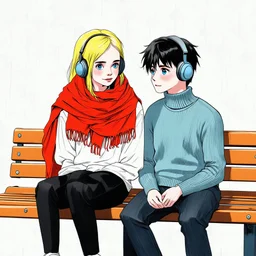 Sketch of a girl like elle fanning with yellow hair and large red scarf and à boy with black hair and blue eyes, a turtleneck sweater, sitting on a bench, listening to music