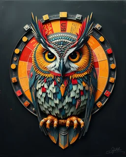 a 3d emboss cubist painting, inspired by Hans Baluschek, digital visionary art, portrait of a mechanical owl, circular, maximalist magazine collage art, cinematic. art deco, 1920s gaudy color, abstract horror, centralized