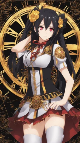 Tokisaki Kurumi appears to be elegant and has very polite manners, ivory skin and long, evil smile, crazy smile, black hair usually tied in long twin tails, deferent Eyes colors, right eye is red-tinted color, left eye appears as a golden color, inorganic clock face, a girl with astonishing beauty, wearing her astral black and red dress 'Elohim', left golden eye, intricate details, highly detailed