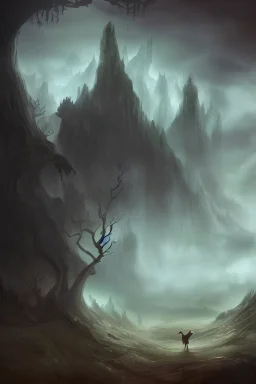 fantasy landscape with a dreamy style and a dark creature lingering