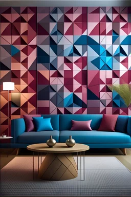 Geometric Gradients: Create a visually striking gradient effect using modular panels featuring geometric shapes and patterns in varying shades of the same hue. Incorporate glossy and matte finishes for added depth for a living room