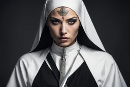 A sensually rebellious nun, her forbidden allure highlighted by intricate tattoos peeking out from beneath her traditionally modest habit. Holding a gleaming longsword with a confident grip, her face fills the frame with an intensity that draws in the viewer. This realistic portrait captures every crease and imperfection in her weathered skin, heavily shadowed to add a mysterious depth to her expression. The cigarette held delicately between her lips adds a touch of danger to her otherwise seren