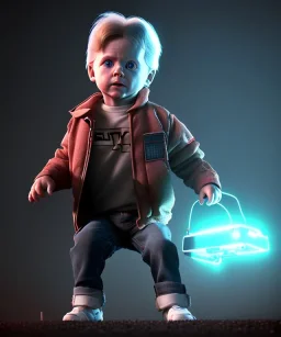 Marty mcfly toddler, full body, delorean, dramatic lighting, hyper realistic