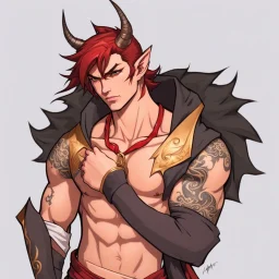 A Young Adult Male. A unique blend of Wood Elf and Red Tiefling features. His handsome face contrasts with the Yakuza dragon tattoos that completly cover his back, arms, and legs. He is wearing a torn coat. A physique that is strong and well-built, resembling a Fighter.