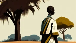 Design, African man, oil painting, featureless, graphic, drawing without facial features, background, sky, trees, traditional clothes, cartoon, looking left