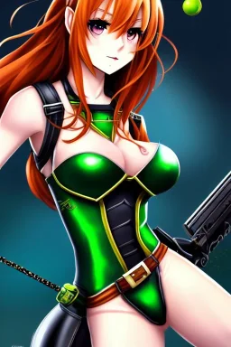 In the style of Shadman, hyper detailed, strikingly beautiful teen female, 16 years old, long ponytail, ginger hair, green eyes, medium freckles, full lips, micro top, black leather armour lined with fur, full body, full face, tiny breasts, athletic, centred camera, ignore NSFW, thong, camel toe, athletic