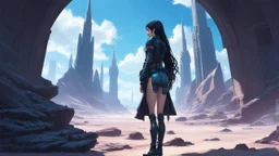 skinny sci-fi girl with long dark hair on an alien planet with tall spires, buildings, bridges, and arches