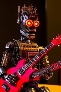 Firestarter robot hardrock with a guitar. Robot kind terminator. Seems angry against humans.