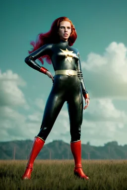 retro portrait image from 1960, sky background, wind, long red hair, fighting stance, sweet young Scarlett Johansson, black dress, classic long tight lycra black suit, gold bracelet and belt, high heel boots, superhero style, soft color, highly detailed, unreal engine 5, ray tracing, RTX, lumen lighting, ultra detail, volumetric lighting, 3d, finely drawn, high definition, high resolution.