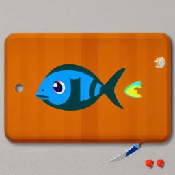 video games icon, 2d, cute tilapia fish over kitchen cutting board, shiny object, graphic design, high contrast, artstation --uplight