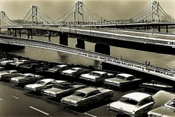 Schwarzweißfoto von der Oakland Bridge aus den 1960ern mit vielen damaligen Automodellen