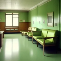 Salle d'attente, hôpital, chaises vert espastel, et bois, style autochrome