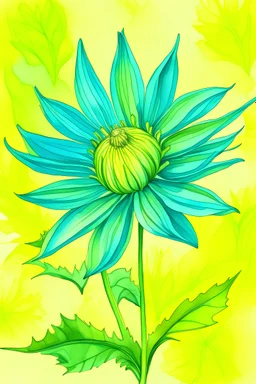 sea green Chicory flower water color on yellow background