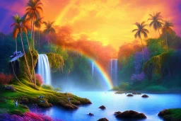 island waterfall palms twigs spring sunset rainbow bridge birds