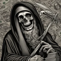 hedcut wsjstyle engraved light lined based on united states federal reserve note dollar bill with the grim reaper the president photorealistic