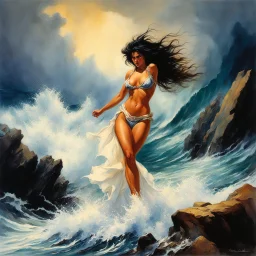 [aquarelle by Boris Vallejo] Calypso clung to the jagged rock, her body buffeted by the relentless fury of the elements. The wind howled with an intensity that matched the turmoil within her own heart. The sea, once a tranquil expanse, roared and churned, its crashing waves threatening to consume everything in their path.