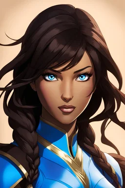 Avatar Korra, brown skin, dark brown hair, blue eyes, woman, in the art style of Berserk