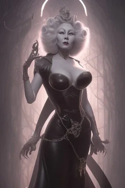 Mae West as evil queen in black leather, leather, busty, cleavage, angry, stern look. character design by cory loftis, fenghua zhong, ryohei hase, ismail inceoglu and ruan jia. unreal engine 5, artistic lighting, highly detailed, photorealistic, fantasy