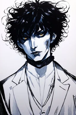 black hair, 19year old, male, alchemist, in the style of Harry Clarke